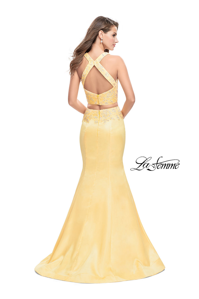Picture of: Mikado Two Piece Mermaid Gown with Beaded Lace Top in Lemon, Style: 26311, Back Picture