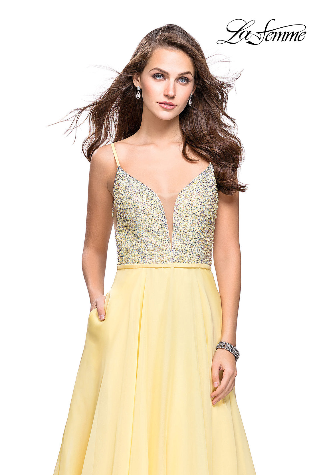 Picture of: A-line Chiffon Prom Gown with Pearl Beaded Bodice in Lemon, Style: 26278, Detail Picture 2