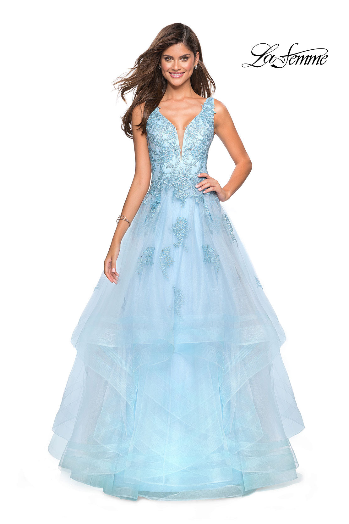 Picture of: Layered Tulle Long Prom Gown with Lace Appliques in Light Blue, Style: 27256, Main Picture