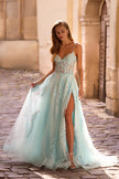 Picture of: A-line Prom Dress with Beaded Floral Applique and Corset Top in Light Blue, Style: 32810, Main Picture