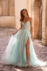 Picture of: A-line Prom Dress with Beaded Floral Applique and Corset Top in Light Blue, Style: 32810, Main Picture
