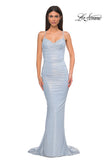 Picture of: Ruched Long Metallic Gown with Low Back and Criss Cross Straps in Light Blue, Style 32973, Main Picture