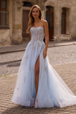 Picture of: Tulle A-line Prom Dress with Gorgeous Rhinestone Lace Applique in Light Blue, Style: 33028, Main Picture