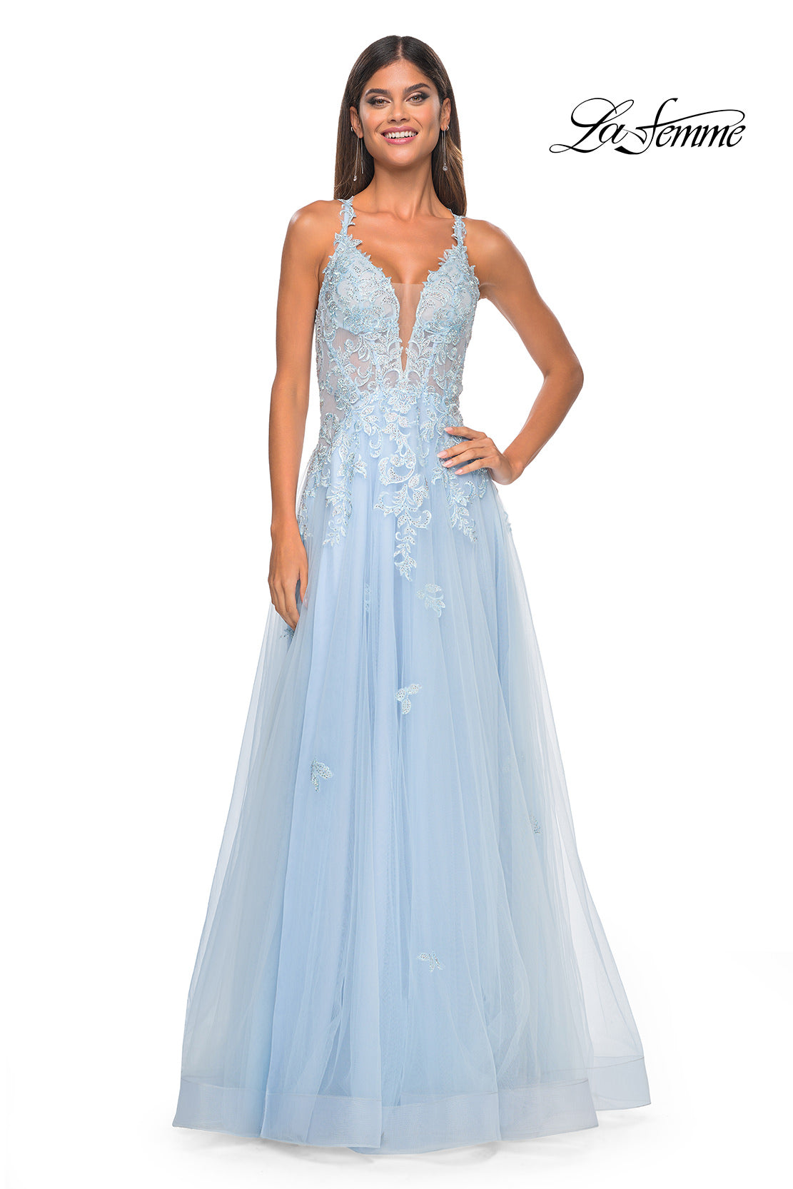 Picture of: A-Line Tulle Dress with Rhinestone Embellished Lace Applique in Light Colors in Light Blue, Style: 32438, Detail Picture 9