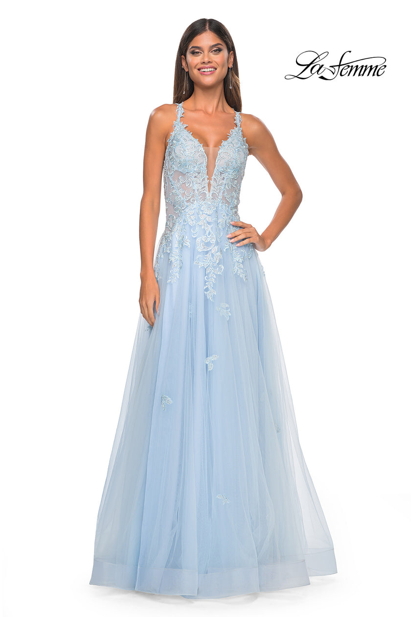 Picture of: A-Line Tulle Dress with Rhinestone Embellished Lace Applique in Light Colors in Light Blue, Style: 32438, Detail Picture 9