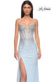 Picture of: Rhinestone Embellished Fitted Prom Dress with Corset and Deep V in Light Blue, Style 32717, Detail Picture 9