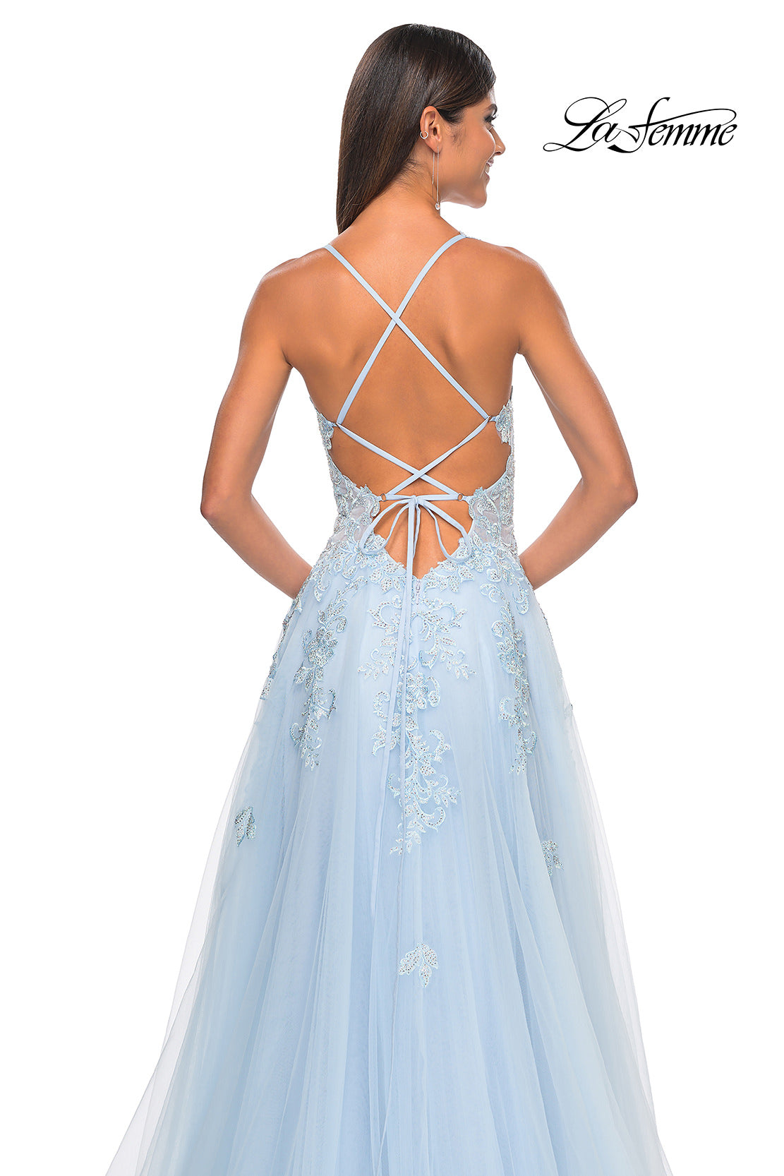 Picture of: A-Line Tulle Dress with Rhinestone Embellished Lace Applique in Light Colors in Light Blue, Style: 32438, Detail Picture 10