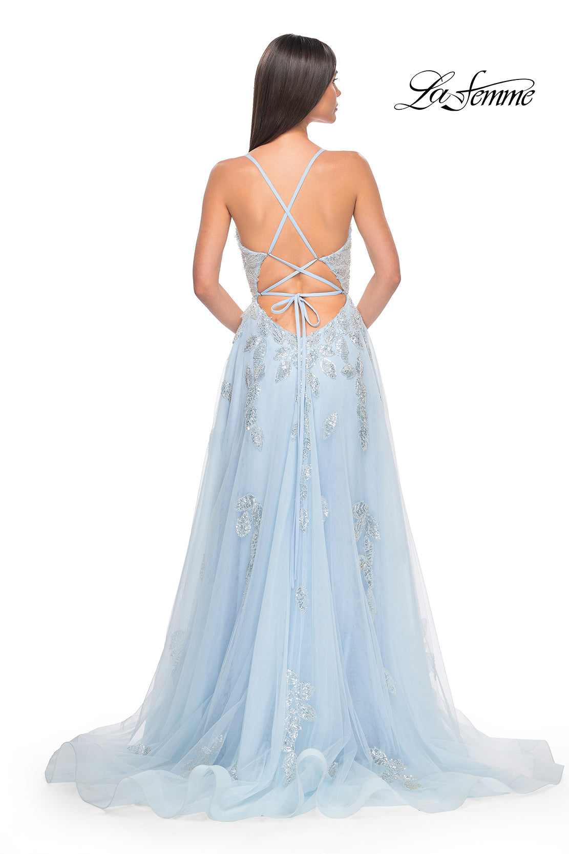 Picture of: Two Tone Tulle A-Line Prom Dress with Floral Beaded Detail in Light Blue, Style: 32090, Detail Picture 11