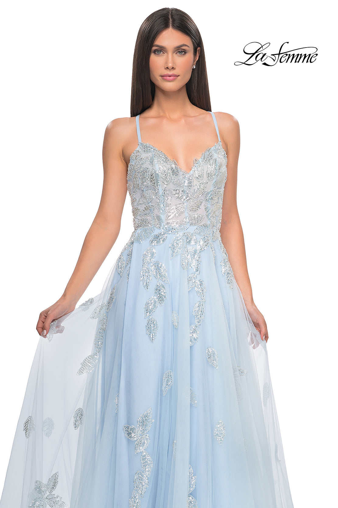 Picture of: Two Tone Tulle A-Line Prom Dress with Floral Beaded Detail in Light Blue, Style: 32090, Detail Picture 13