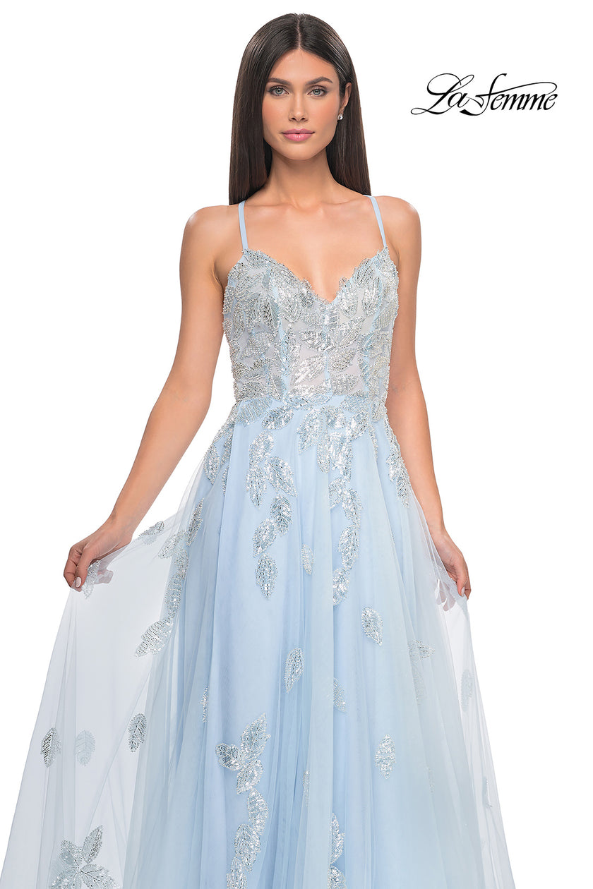 Picture of: Two Tone Tulle A-Line Prom Dress with Floral Beaded Detail in Light Blue, Style: 32090, Detail Picture 13