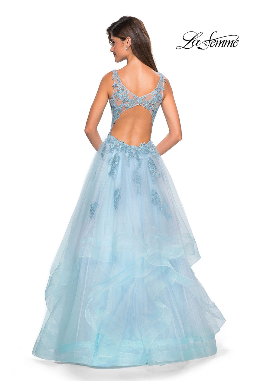 Picture of: Layered Tulle Long Prom Gown with Lace Appliques in Light Blue, Style: 27256, Back Picture