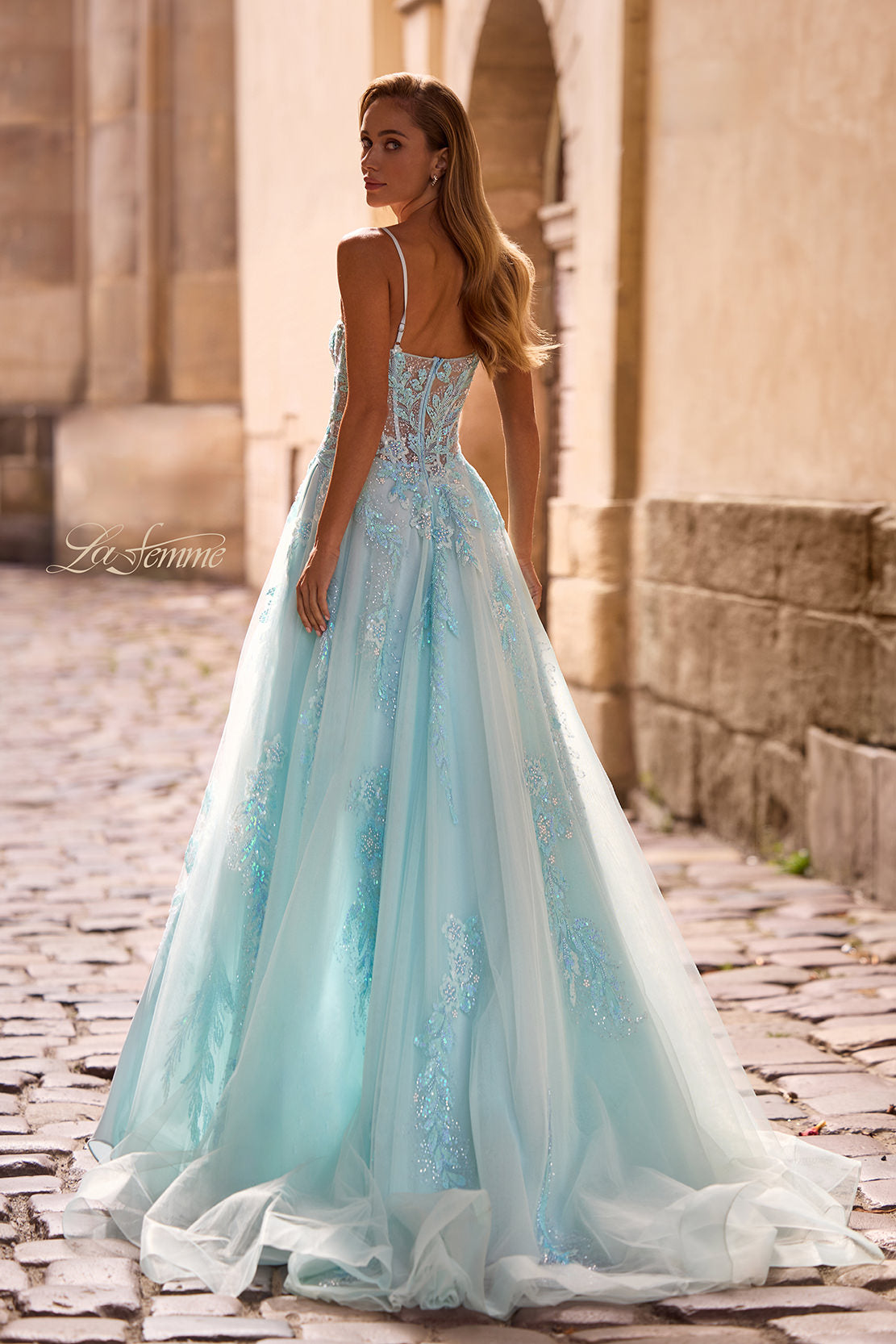 Picture of: A-line Prom Dress with Beaded Floral Applique and Corset Top in Light Blue, Style: 32810, Back Picture