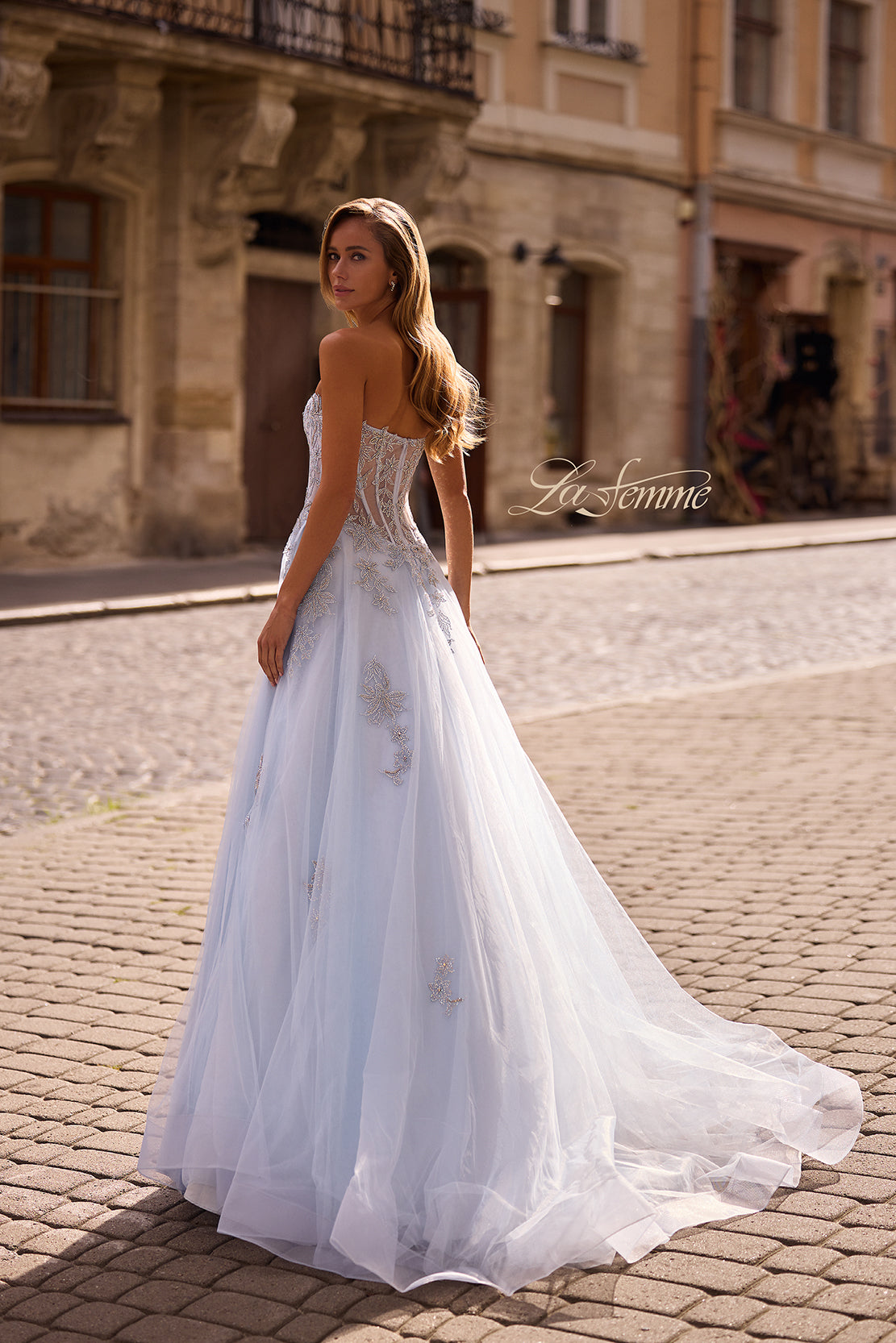Picture of: Tulle A-line Prom Dress with Gorgeous Rhinestone Lace Applique in Light Blue, Style: 33028, Back Picture