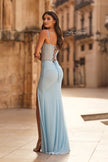 Picture of: Rhinestone Corset Gown with Slit and Lace-Up Back in Light Blue, Style: 33772, Back Picture