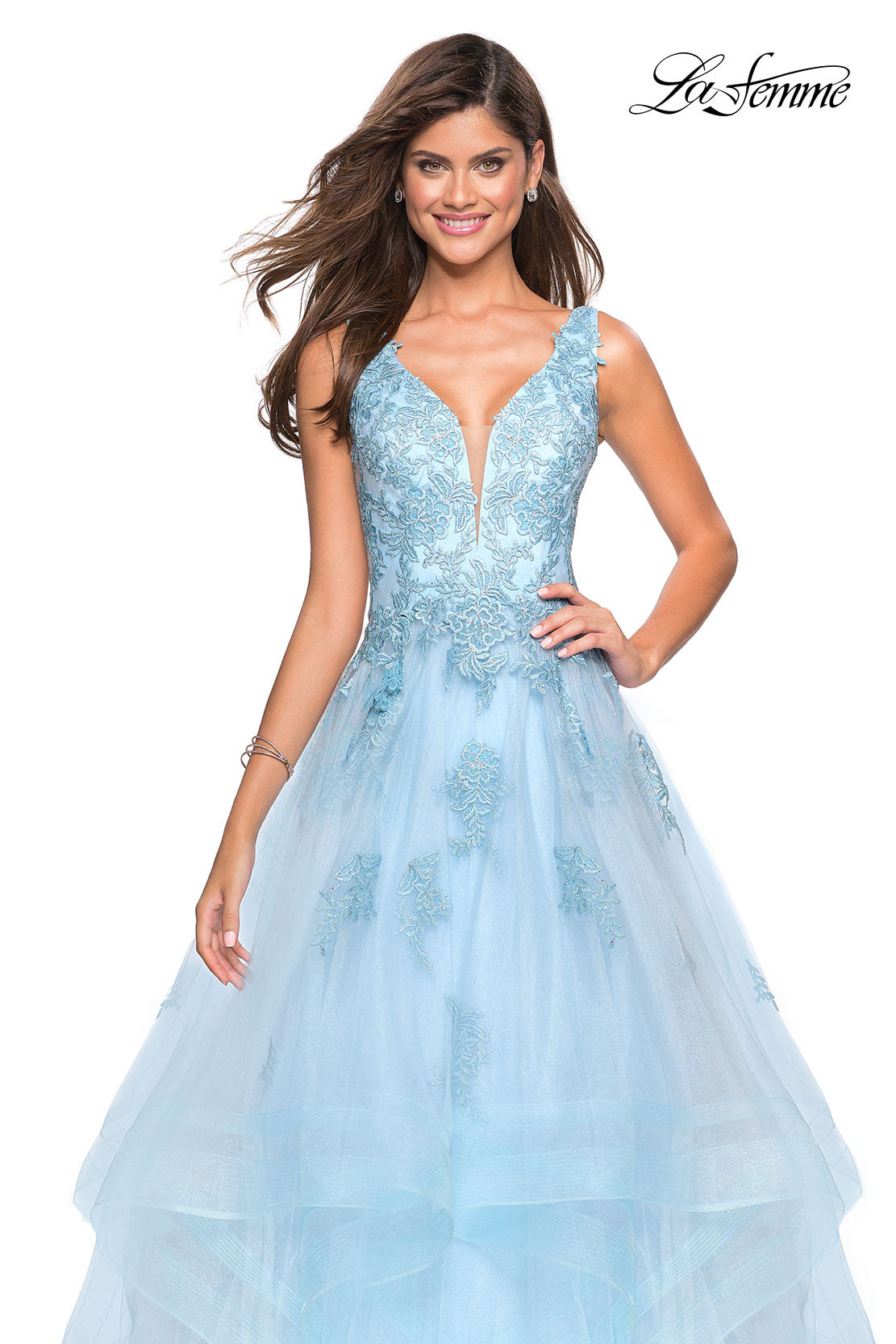 Picture of: Layered Tulle Long Prom Gown with Lace Appliques in Light Blue, Style: 27256, Detail Picture 1