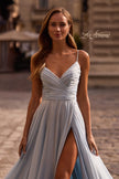 Picture of: Metallic Chiffon Prom Dress with Flowing Skirt and High Slit in Light Blue, Style: 33043, Detail Picture 1