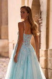 Picture of: A-line Prom Dress with Beaded Floral Applique and Corset Top in Light Blue, Style: 32810, Detail Picture 2