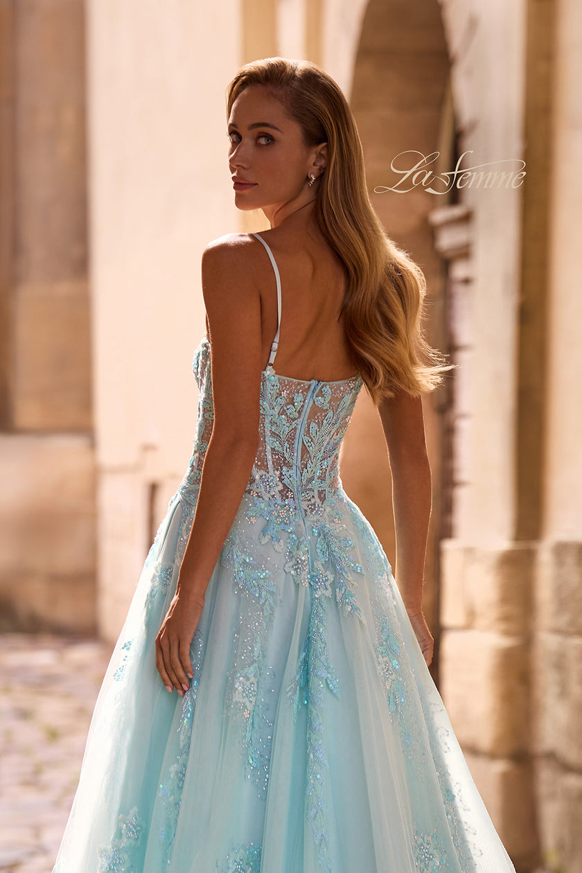 Picture of: A-line Prom Dress with Beaded Floral Applique and Corset Top in Light Blue, Style: 32810, Detail Picture 2