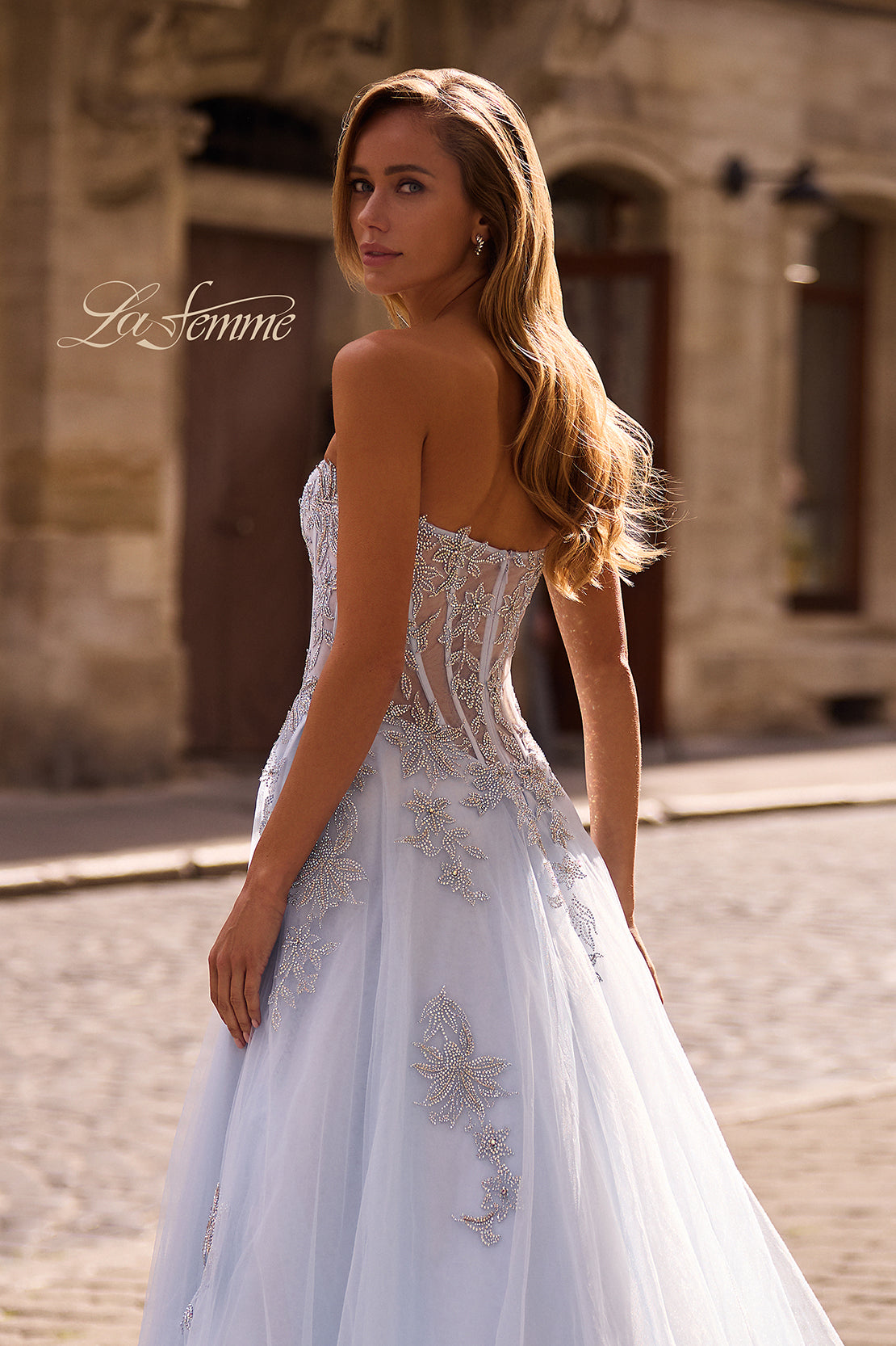 Picture of: Tulle A-line Prom Dress with Gorgeous Rhinestone Lace Applique in Light Blue, Style: 33028, Detail Picture 2