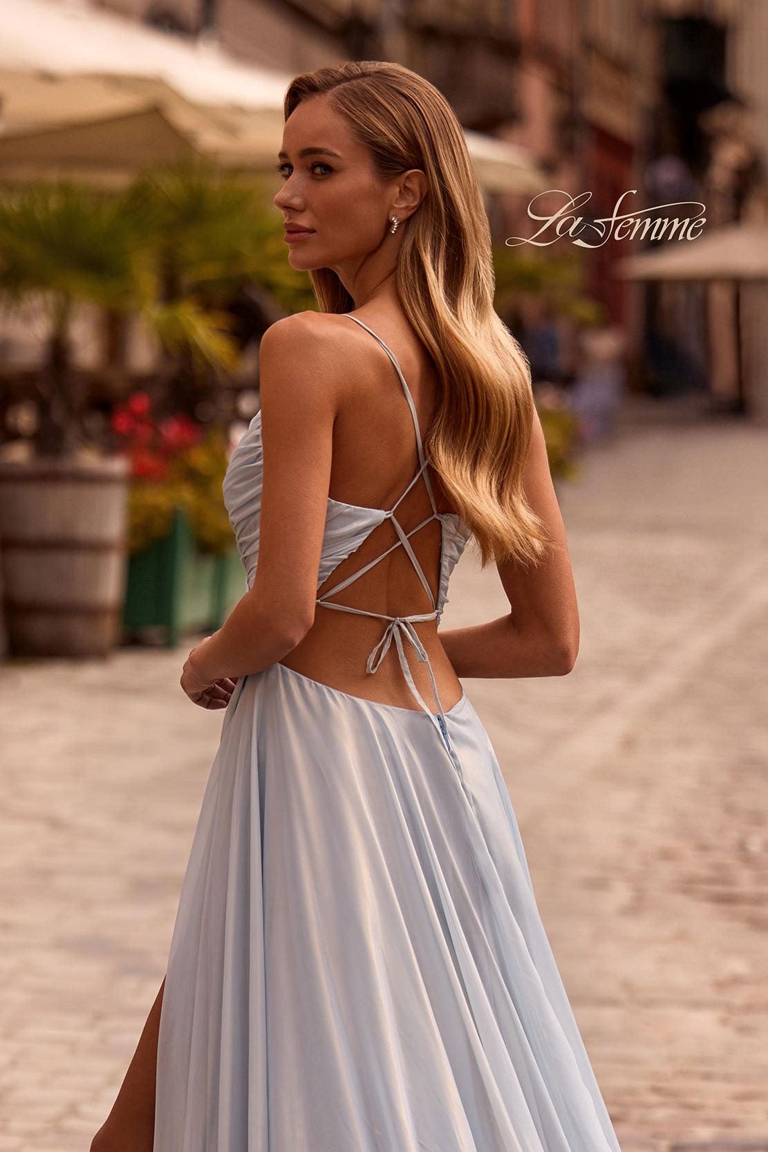 Picture of: Metallic Chiffon Prom Dress with Flowing Skirt and High Slit in Light Blue, Style: 33043, Detail Picture 2
