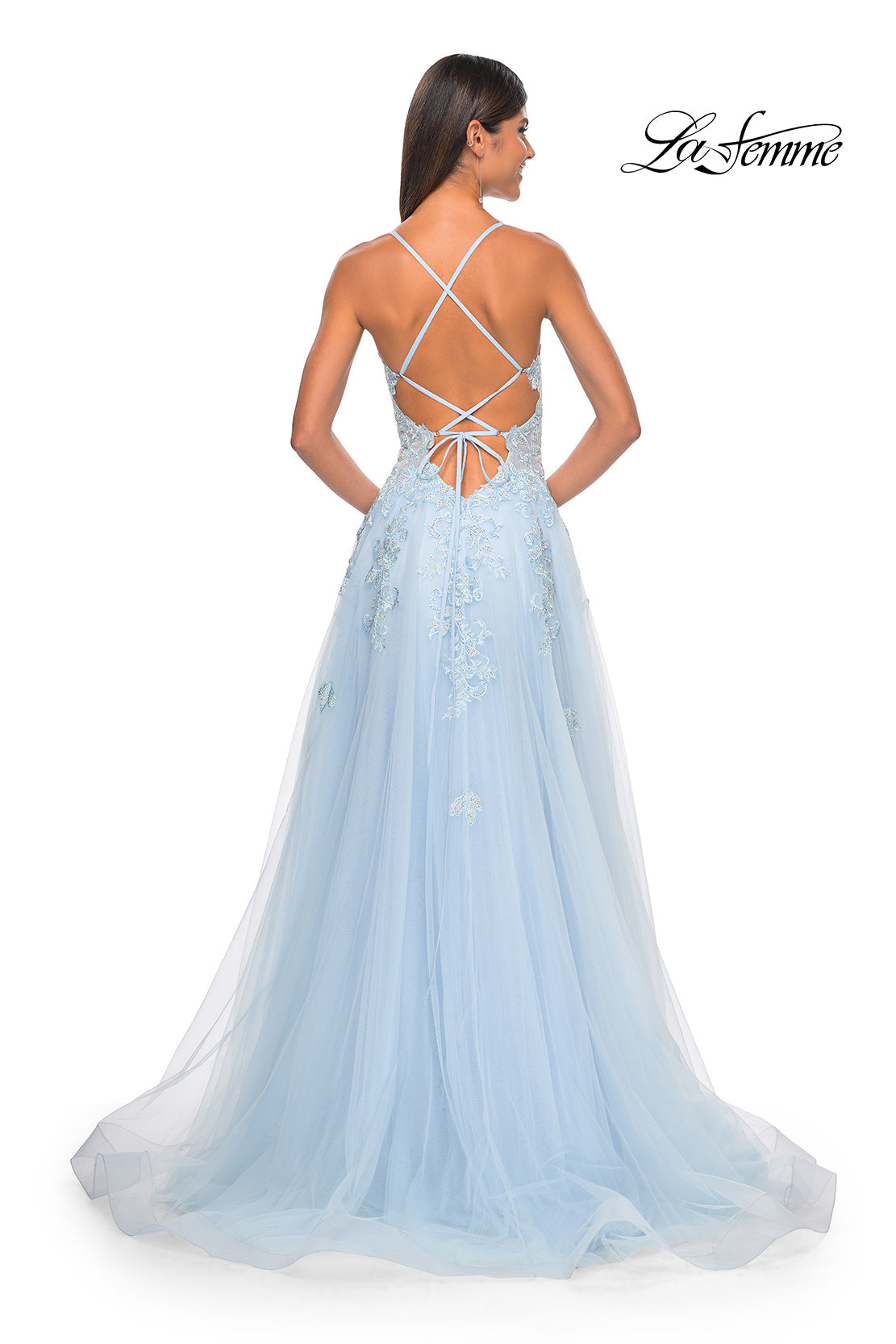 Picture of: A-Line Tulle Dress with Rhinestone Embellished Lace Applique in Light Colors in Light Blue, Style: 32438, Detail Picture 3