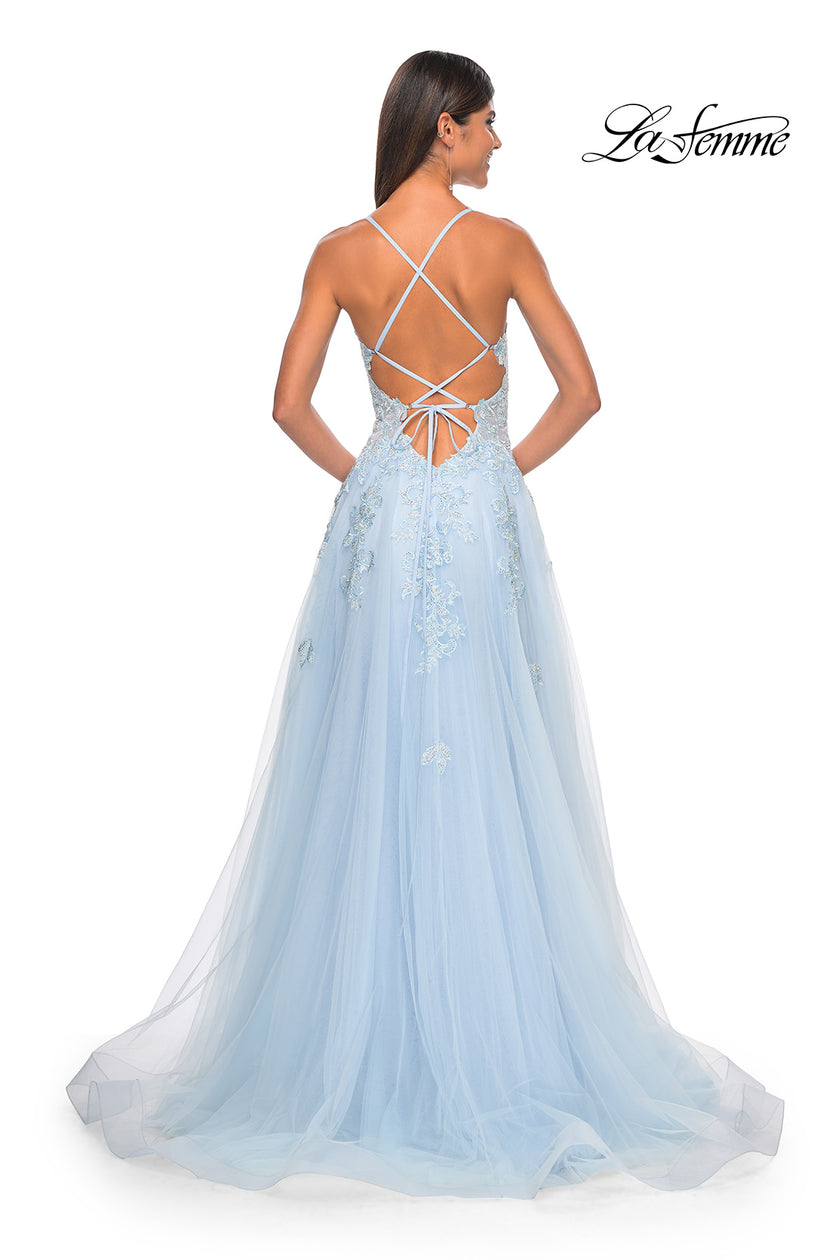 Picture of: A-Line Tulle Dress with Rhinestone Embellished Lace Applique in Light Colors in Light Blue, Style: 32438, Detail Picture 3