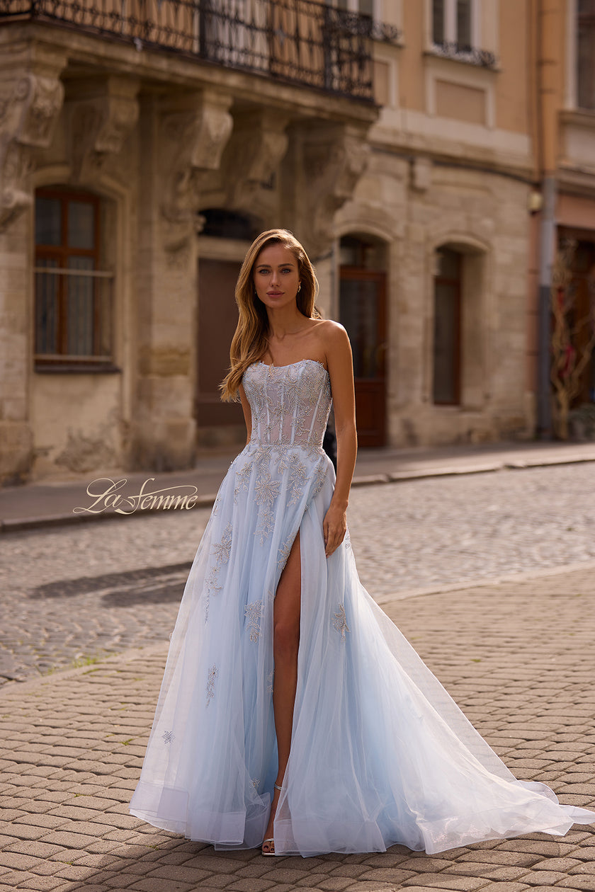 Picture of: Tulle A-line Prom Dress with Gorgeous Rhinestone Lace Applique in Light Blue, Style: 33028, Detail Picture 3