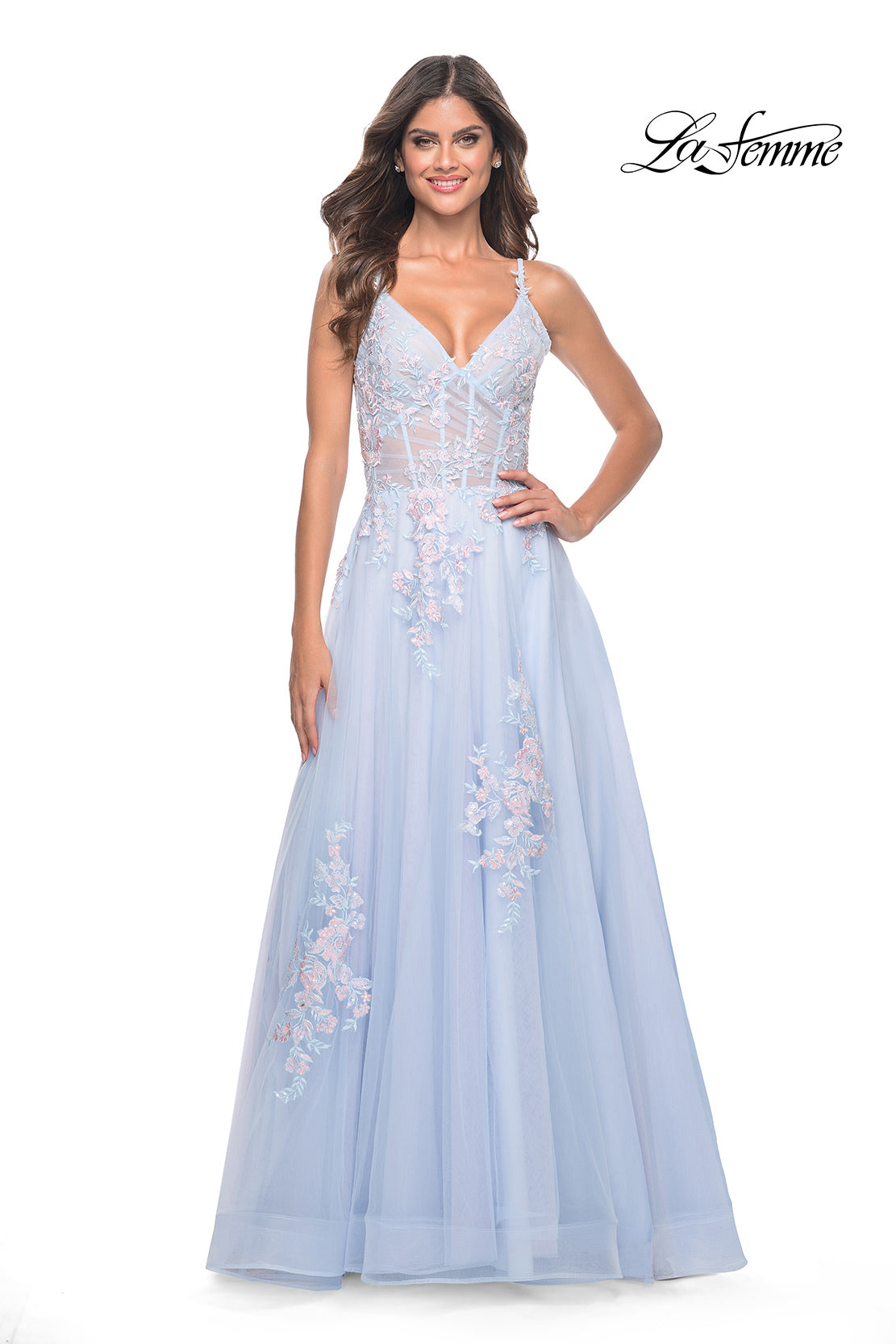 Picture of: A-Line Tulle Prom Dress with Scattered Lace Applique in Light Blue, Style: 31939, Detail Picture 4