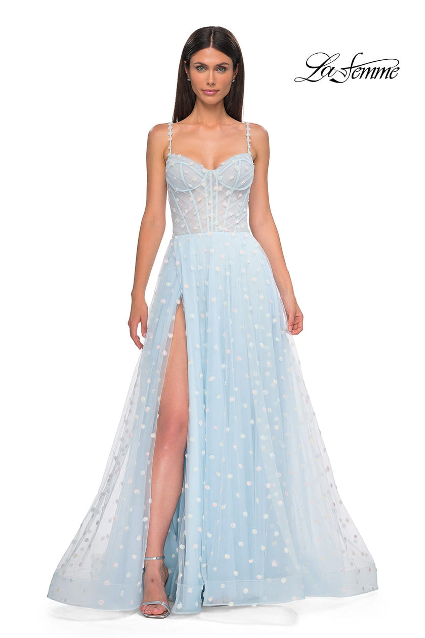 Picture of: Polka Dot Tulle Prom Dress with Sheer Corset Top in Light Blue, Style 32716, Detail Picture 4