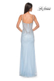 Picture of: Rhinestone Embellished Fitted Prom Dress with Corset and Deep V in Light Blue, Style 32717, Detail Picture 4