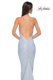 Picture of: Ruched Long Metallic Gown with Low Back and Criss Cross Straps in Light Blue, Style 32973, Detail Picture 4