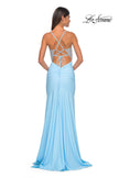 Picture of: Fitted Jersey Prom Dress with Full Rhinestone Illusion Bodice in Light Blue, Style: 32079, Detail Picture 5