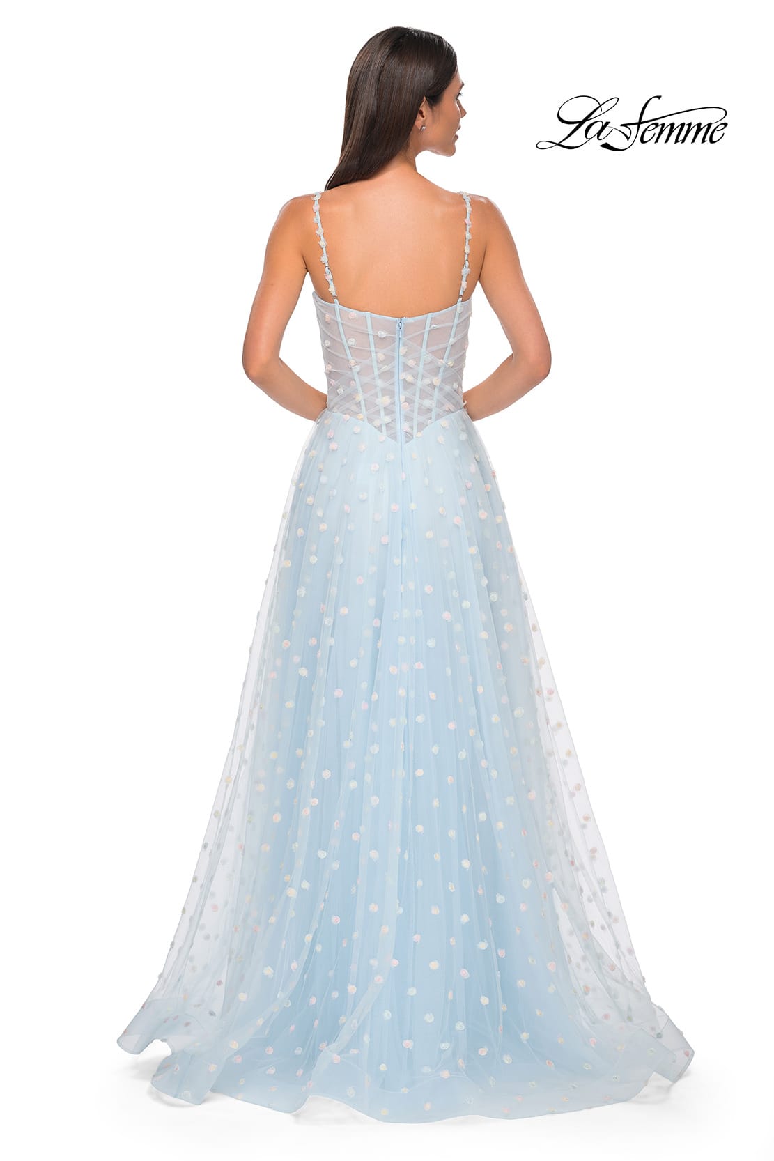 Picture of: Polka Dot Tulle Prom Dress with Sheer Corset Top in Light Blue, Style 32716, Detail Picture 5