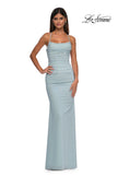 Picture of: Ruched Net Jersey Gown with Square Neckline in Light Blue, Style: 33086, Detail Picture 5