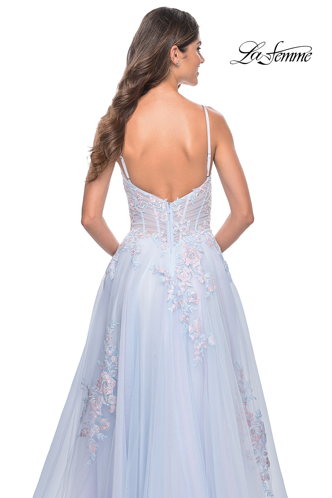 Picture of: A-Line Tulle Prom Dress with Scattered Lace Applique in Light Blue, Style: 31939, Detail Picture 6