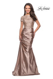 Picture of: Long Gown with Short Sleeve Lace Bodice and Ruching in Light Gold, Style: 26404, Main Picture