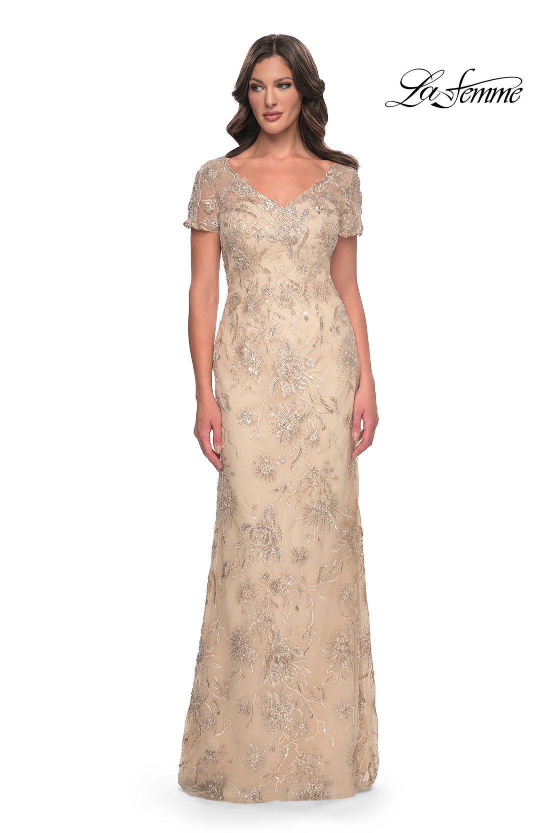 Picture of: Gorgeous Beaded Long Gown with Short Sleeves and V Neck in Light Gold, Style: 30798, Main Picture