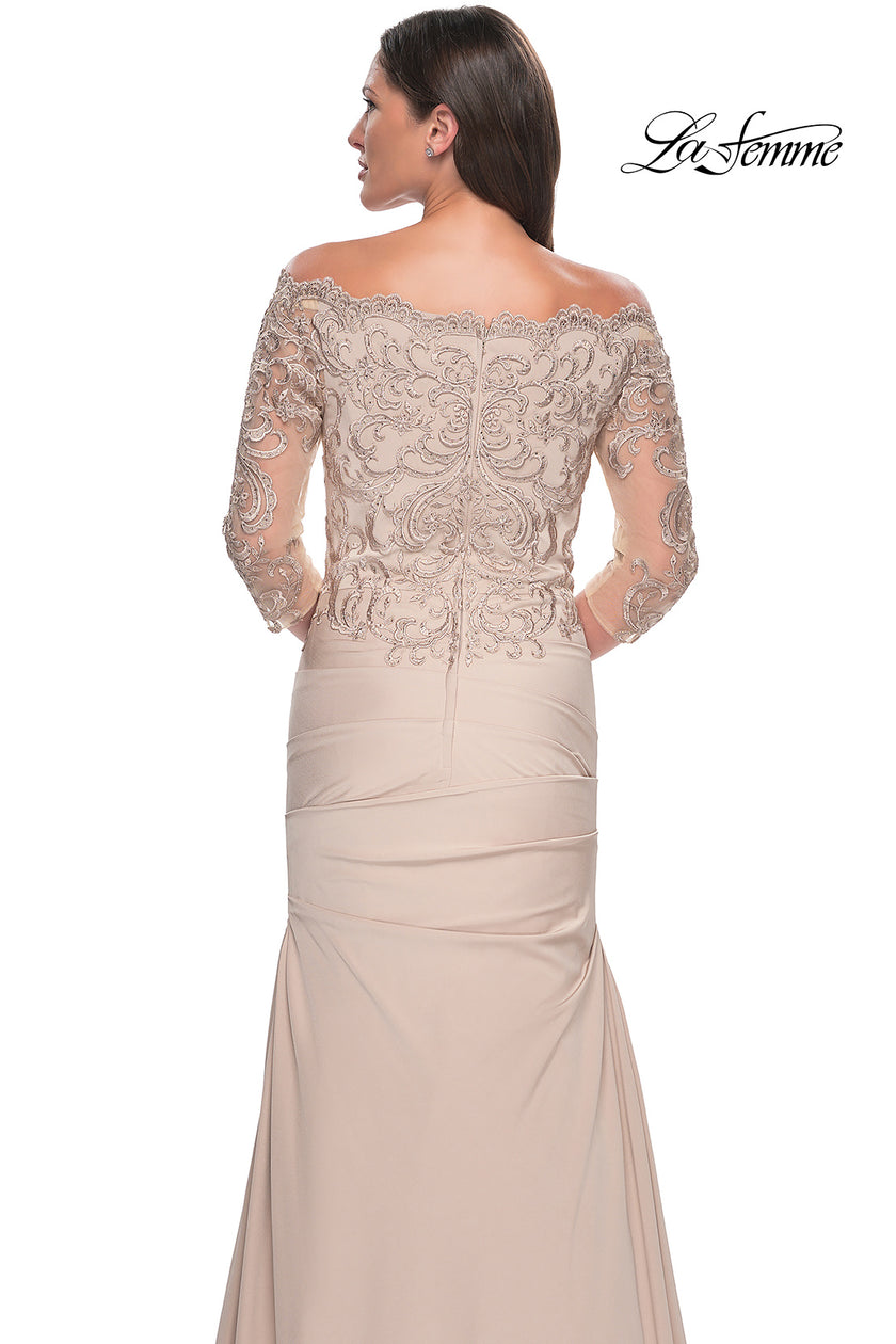 Picture of: Satin Mermaid Gown with Off the Shoulder Lace Bodice in Light Gold, Style: 29324, Detail Picture 9
