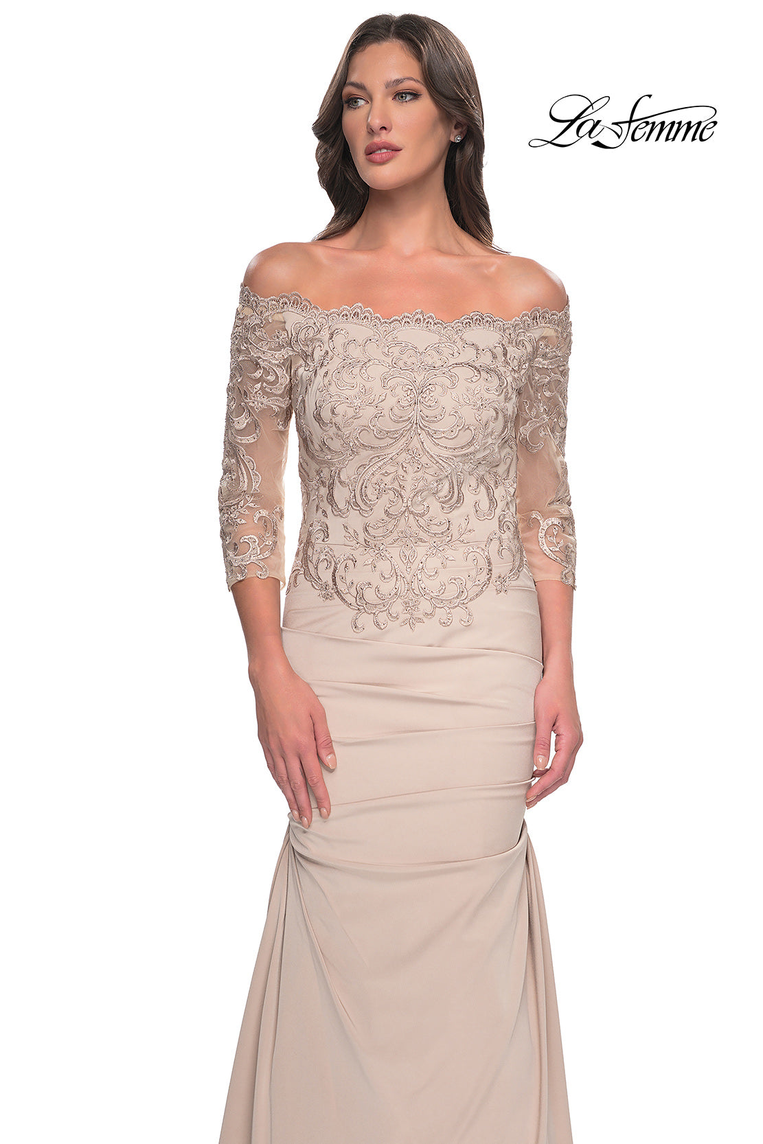 Picture of: Satin Mermaid Gown with Off the Shoulder Lace Bodice in Dusty Purple, Style: 29324, Detail Picture 10