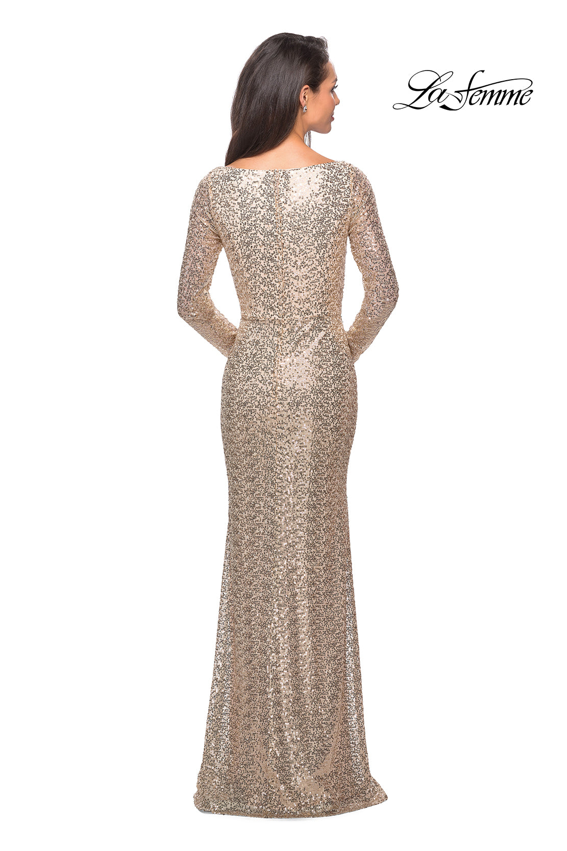 Picture of: Long Sleeve Sequined Gown with Soft V-Neckline in Light Gold, Style: 25331, Back Picture