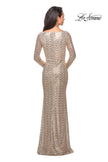 Picture of: Long Sleeve Sequined Gown with Soft V-Neckline in Light Gold, Style: 25331, Back Picture