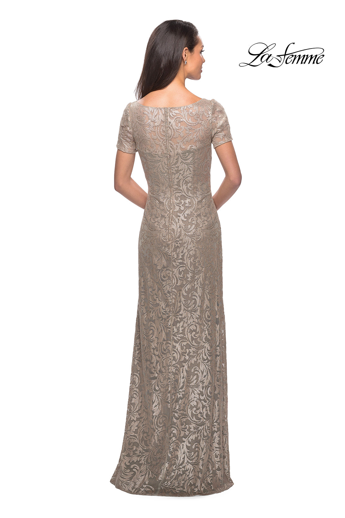Picture of: Floor Length Lace Gown with Short Sleeves in Light Gold, Style: 25528, Back Picture