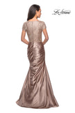 Picture of: Long Gown with Short Sleeve Lace Bodice and Ruching in Light Gold, Style: 26404, Back Picture