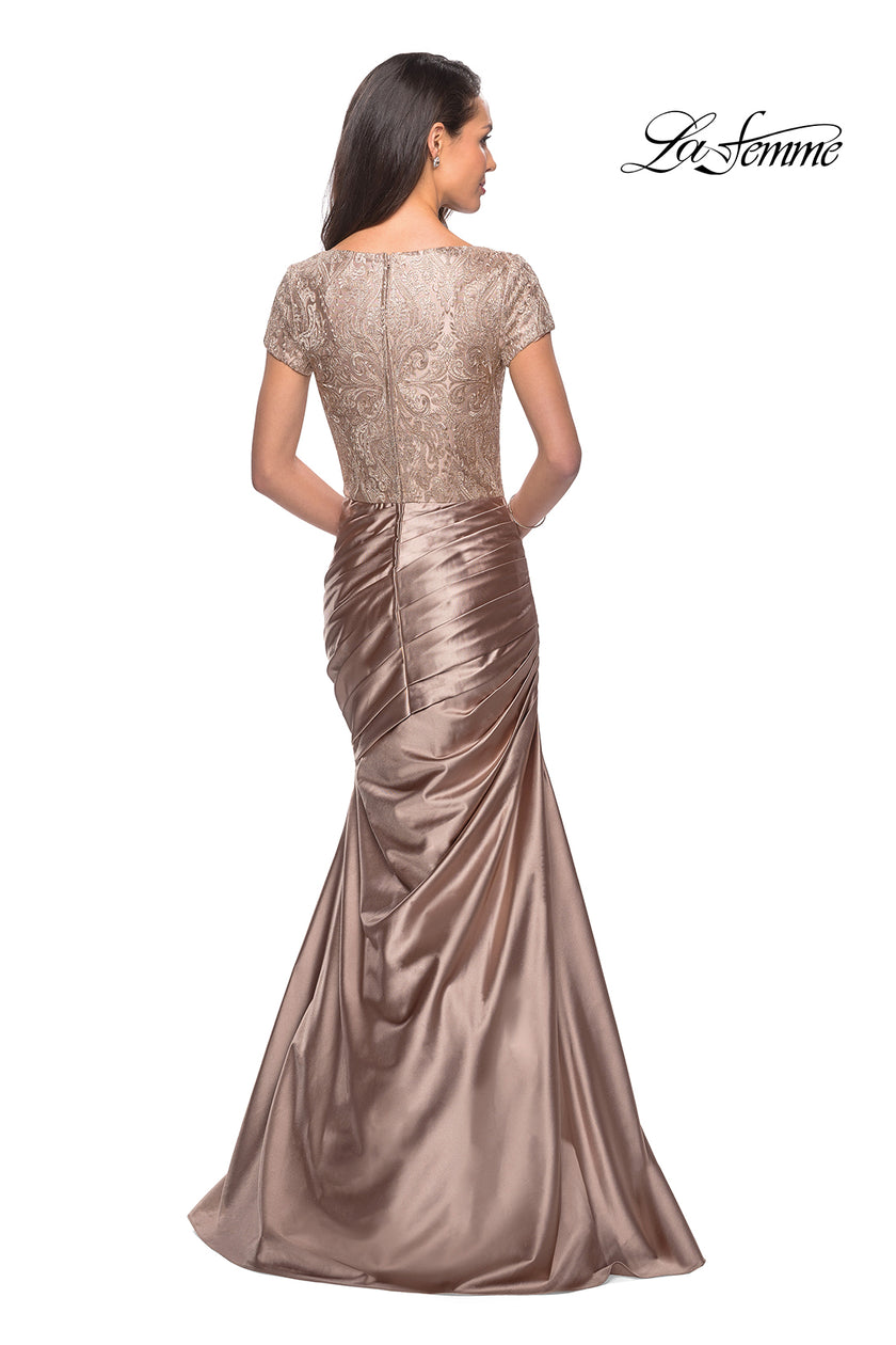 Picture of: Long Gown with Short Sleeve Lace Bodice and Ruching in Light Gold, Style: 26404, Back Picture