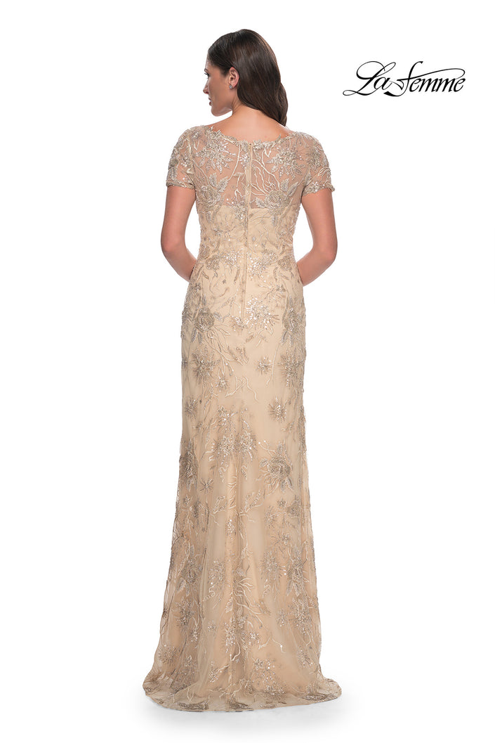 Picture of: Gorgeous Beaded Long Gown with Short Sleeves and V Neck in Light Gold, Style: 30798, Back Picture