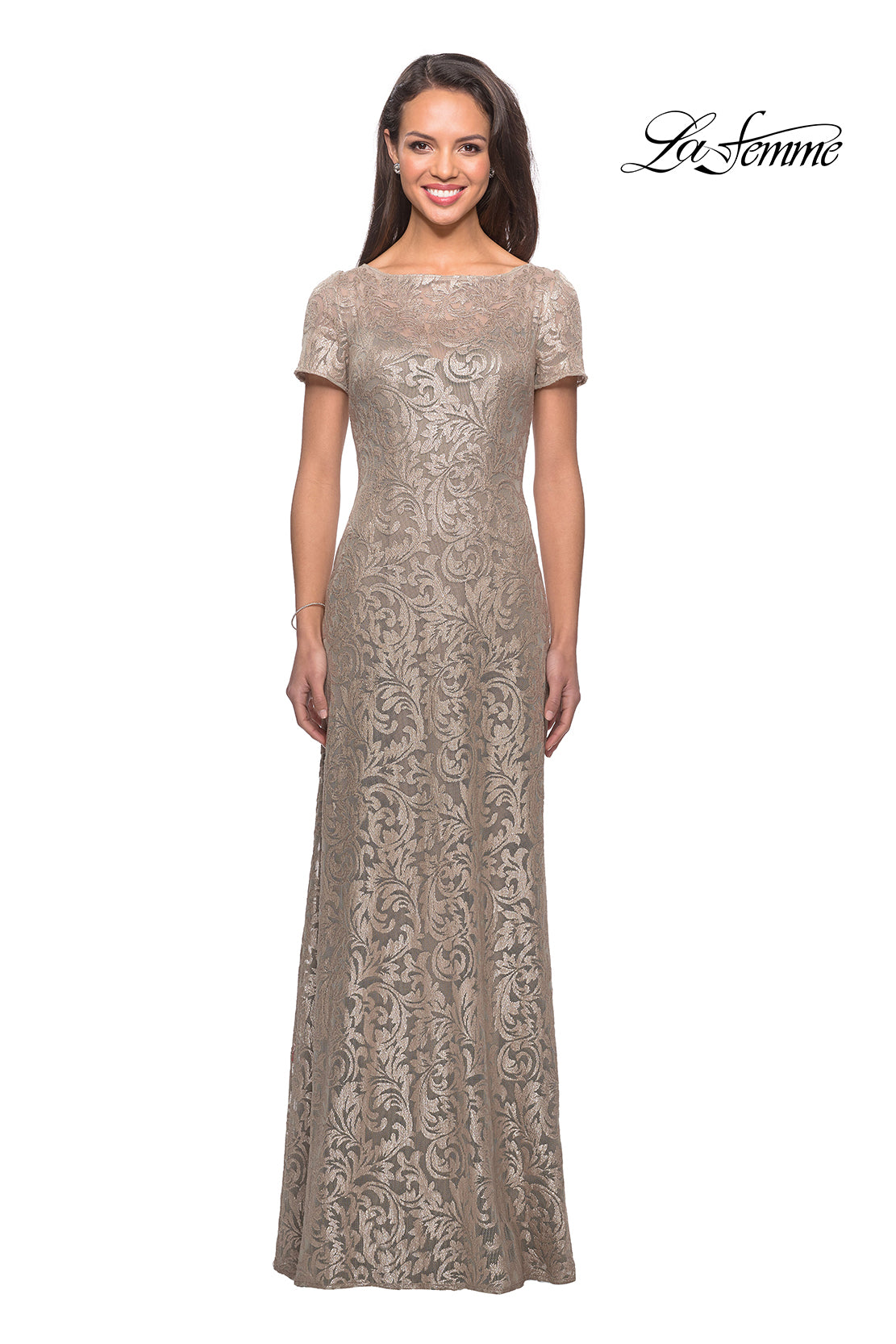 Picture of: Floor Length Lace Gown with Short Sleeves in Light Gold, Style: 25528, Detail Picture 1