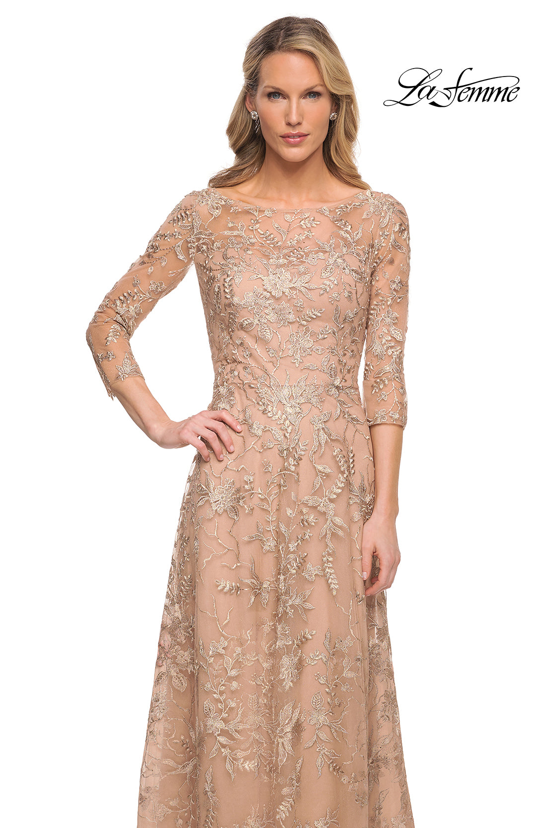 Picture of: Mother of the Bride Lace Dress with Three-Quarter Sleeves in Gold, Style: 30021, Detail Picture 1