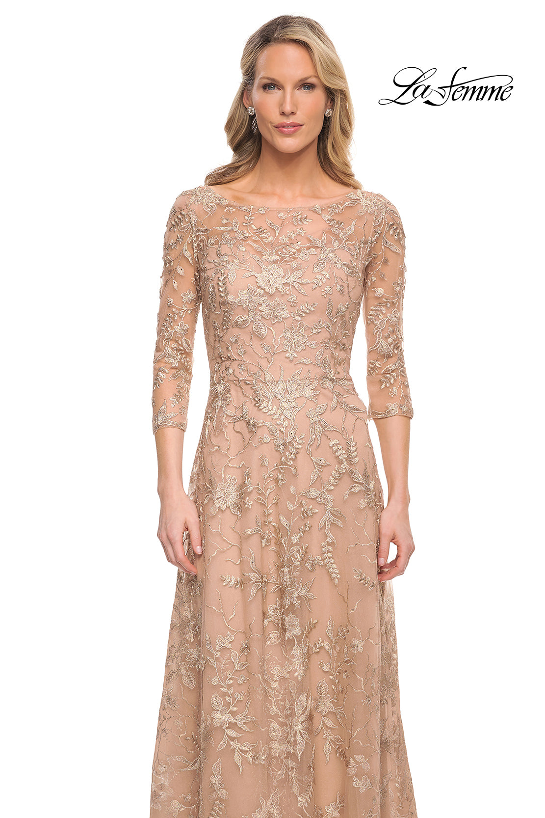 Picture of: Mother of the Bride Lace Dress with Three-Quarter Sleeves in Gold, Style: 30021, Detail Picture 2