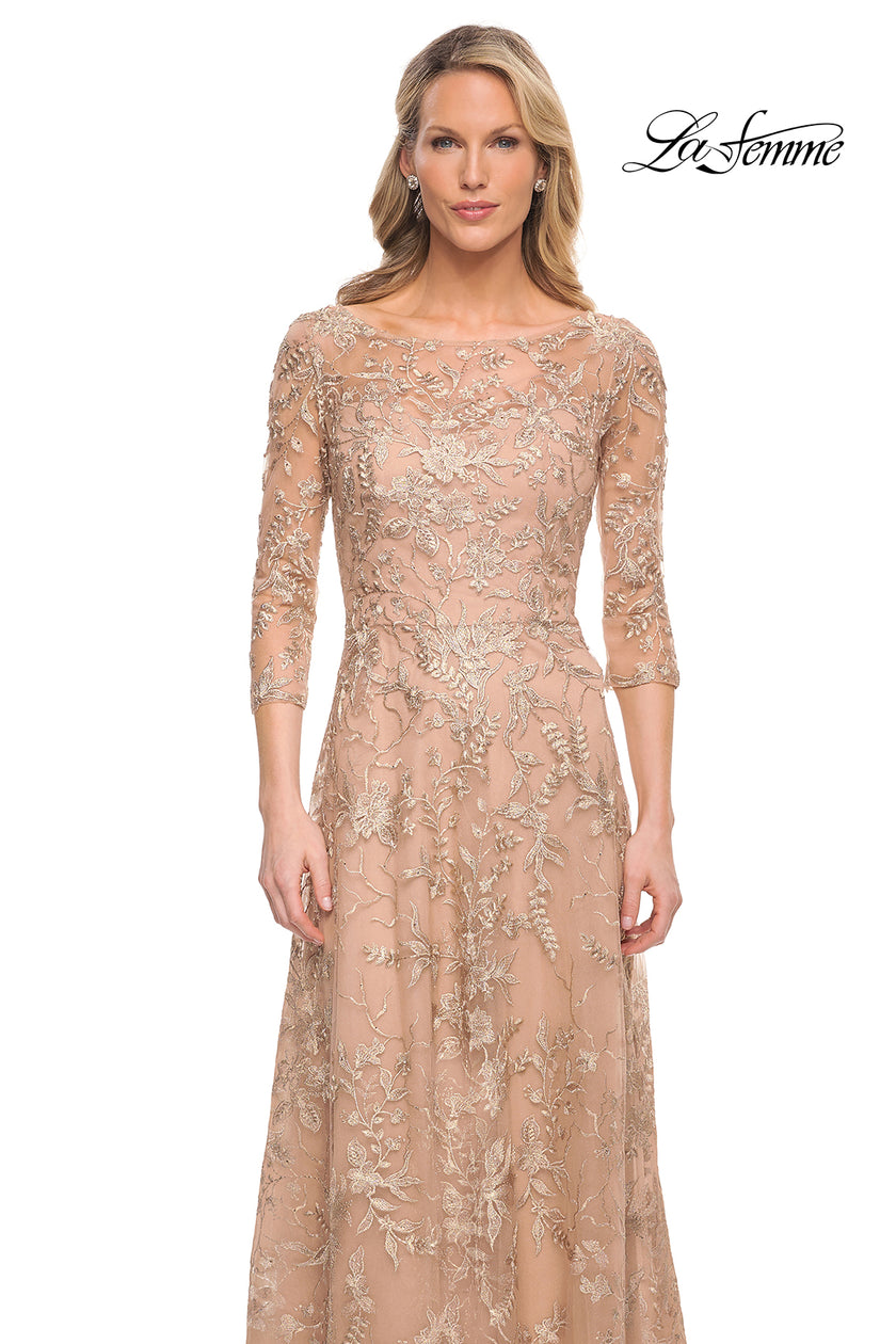 Picture of: Mother of the Bride Lace Dress with Three-Quarter Sleeves in Gold, Style: 30021, Detail Picture 2