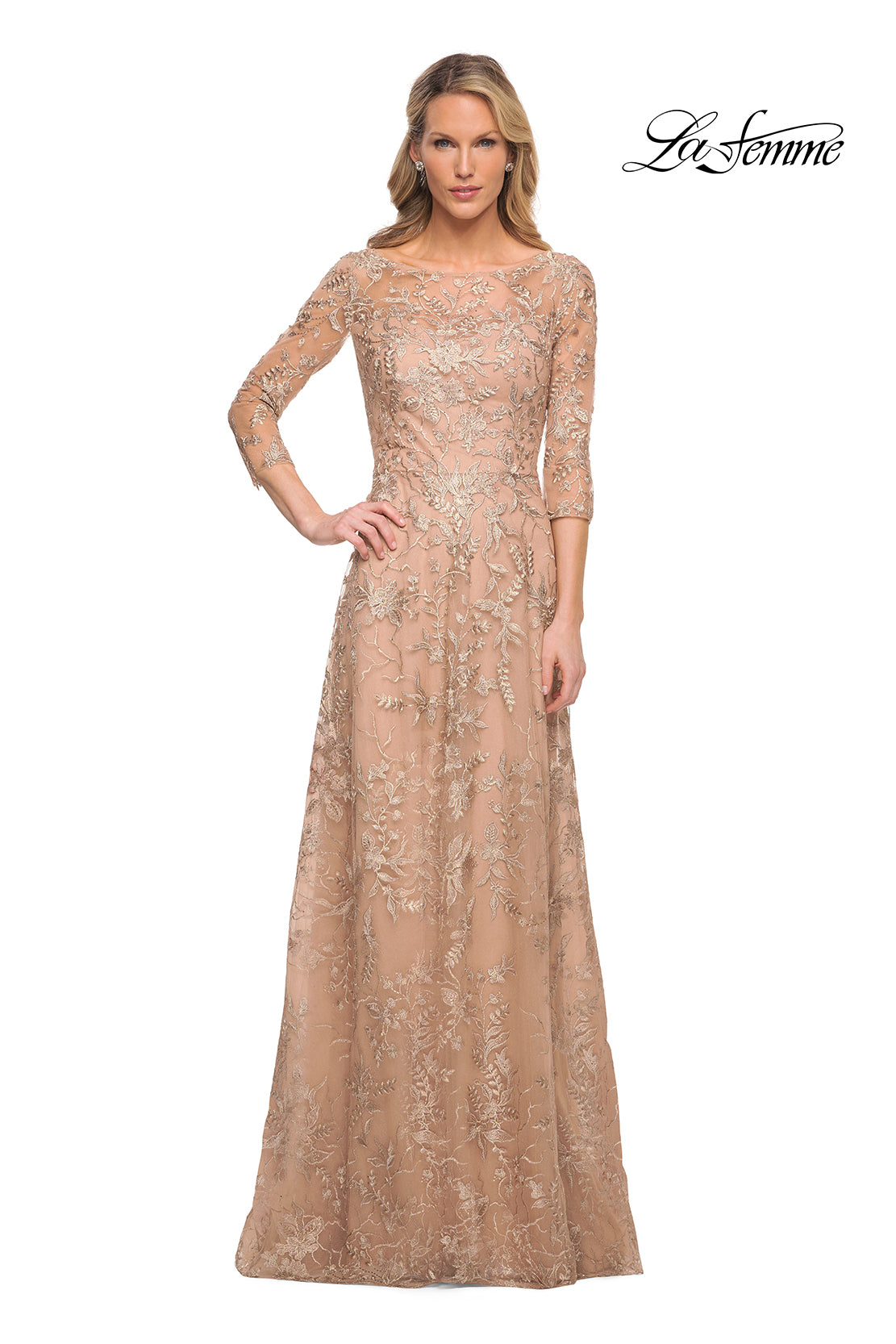Picture of: Mother of the Bride Lace Dress with Three-Quarter Sleeves in Gold, Style: 30021, Detail Picture 3